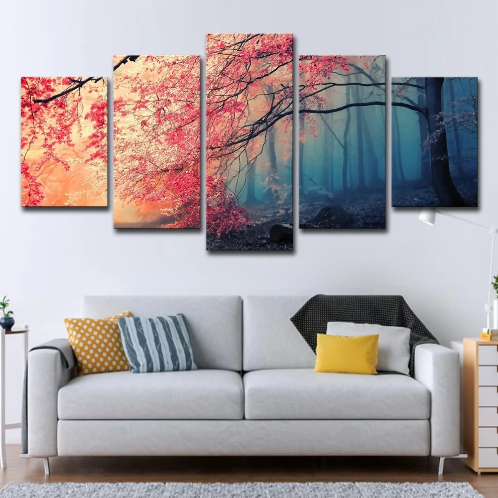5P0037 Canvas HD Prints Posters Home Decor Wall Art Red Trees Forest Pictures 5 Pieces Cherry Blossoms Paintings Living Room Framework  (7)