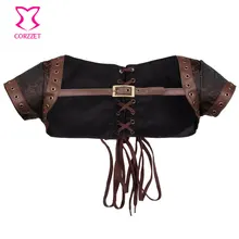 Vintage Brown Brocade Faux Leather Short Sleeves Steampunk Jacket Women Bolero Plus Size Corset Gothic Clothing
