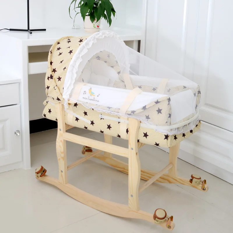 cheap Baby Crib Portable Shake Basket Baby Stroller Sleeping Basket Bed with Mosquito Net Wooden Frame Wheel Baby Sleeping Bed