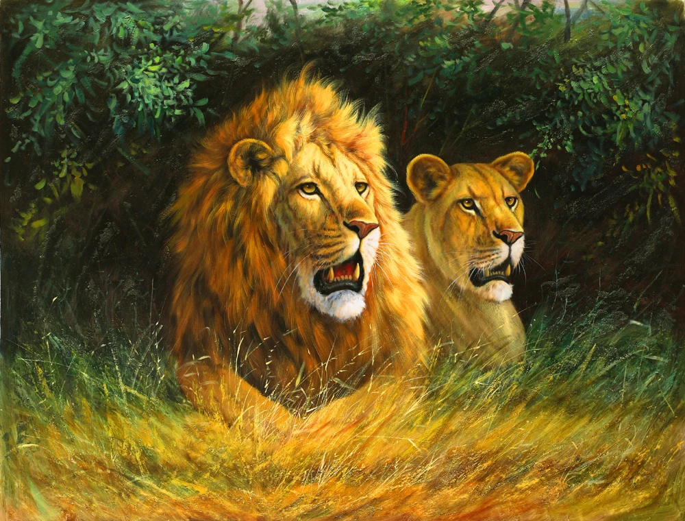 Special offer good quality top decor art animal two lions print oil 