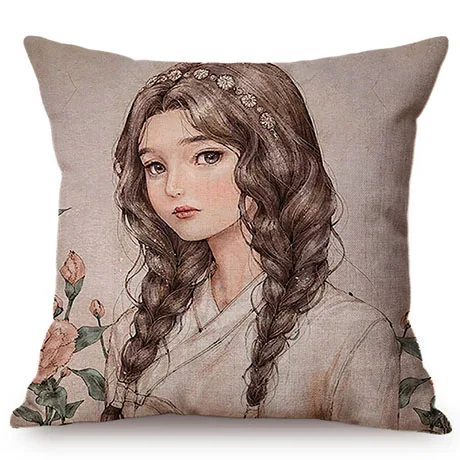 Nordic Beautiful Girl Cute Self-Portrait Sofa Decorative Cushion Cover Flower Butterfly Room Small Fresh Decor Throw Pillow Case K89-1