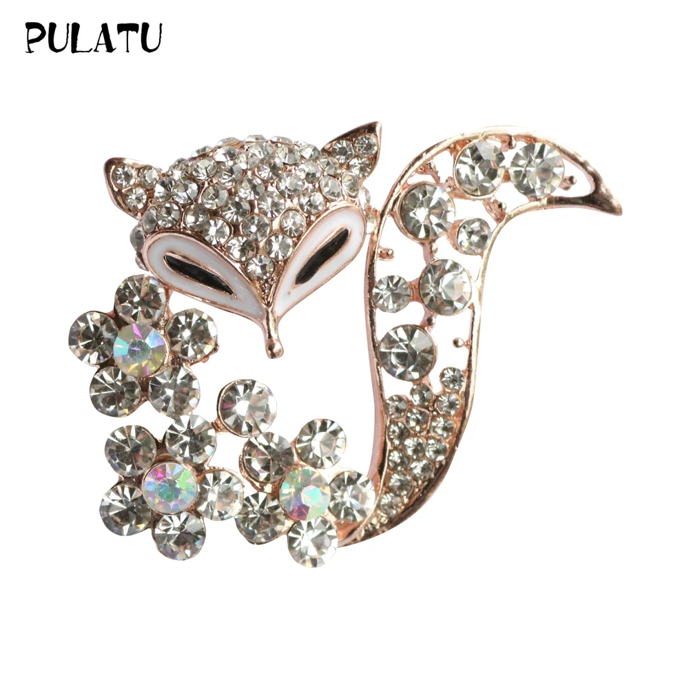 

PULATU Flower Fox Brooch Pins for Women 46*37mm Alloy Metal Mosaic Crystal Animal Brooches Party Supplier Jewelry Accessories