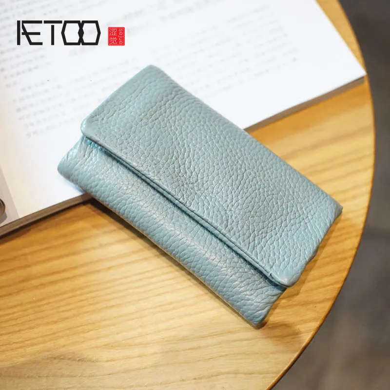 

AETOO Multifunctional leather key pack, ladies mini Large capacity zipper wallet, soft cowhide small key bag