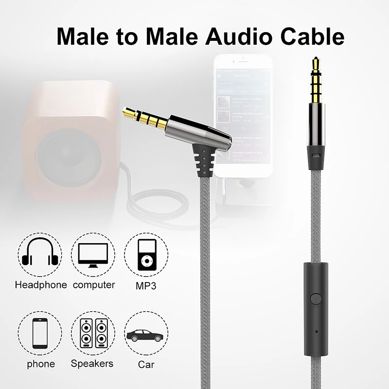 AECHEER 1M 3.5mm AUX Cable Male To Male Jack Audio Cable Cord w/ In-line Remote & Microphone For Headphones AECHEER 1M 3.5mm AUX Cable Male To Male Jack Audio Cable Cord w/ In-line Remote & Microphone For Headphones