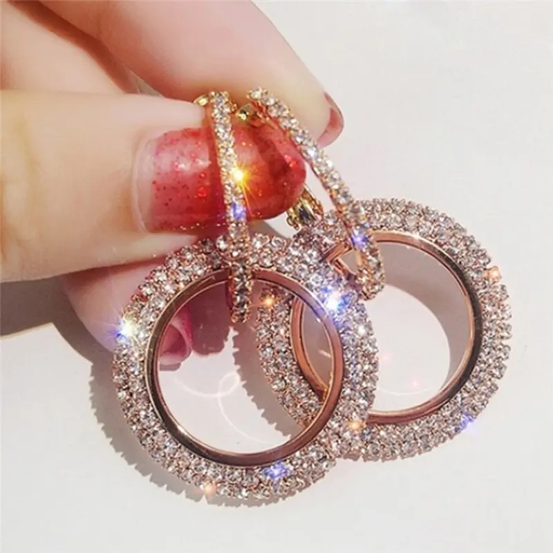 1 Pair Two Round Crystal Drop Dangle Earrings Women Elegant Fashion