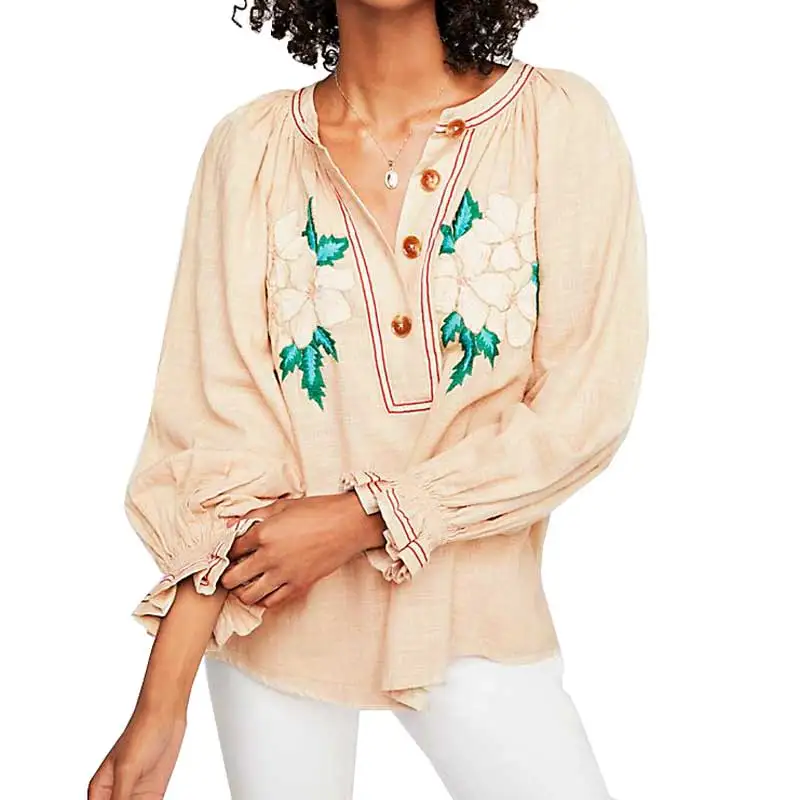 Boho inspired woven cotton blouse women floral embroidery long sleeve ...