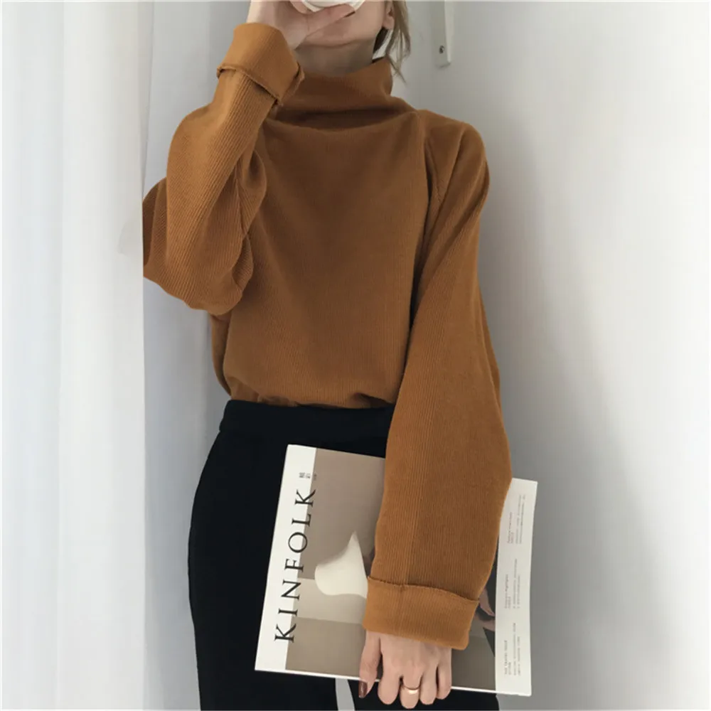 New Women Casual Loose Sweater Autumn Winter Turtleneck Knitted Jumpers Long Batwing Sleeve Crocheted Pullovers Streetwear - Цвет: caramel colour