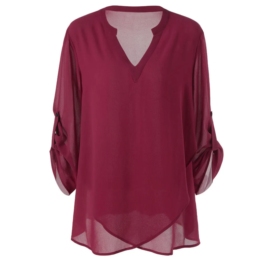 Модные женские топы и блузки размера плюс с v-образным вырезом и регулируемым рукавом, шифоновая фиолетовая Элегантная блузка, Женская сорочка - Цвет: Бургундия