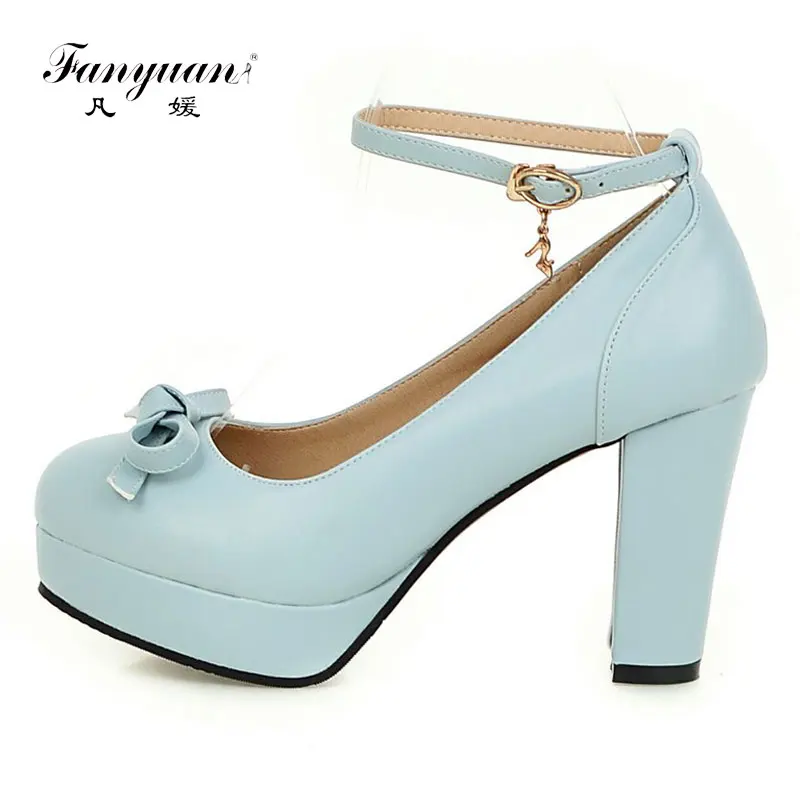 

Fanyuan Candy Butterfly-knot Ankle Strap Women Pumps Block Heels Platform High Heels Woman Bow Mary Janes Shoes carpins femme