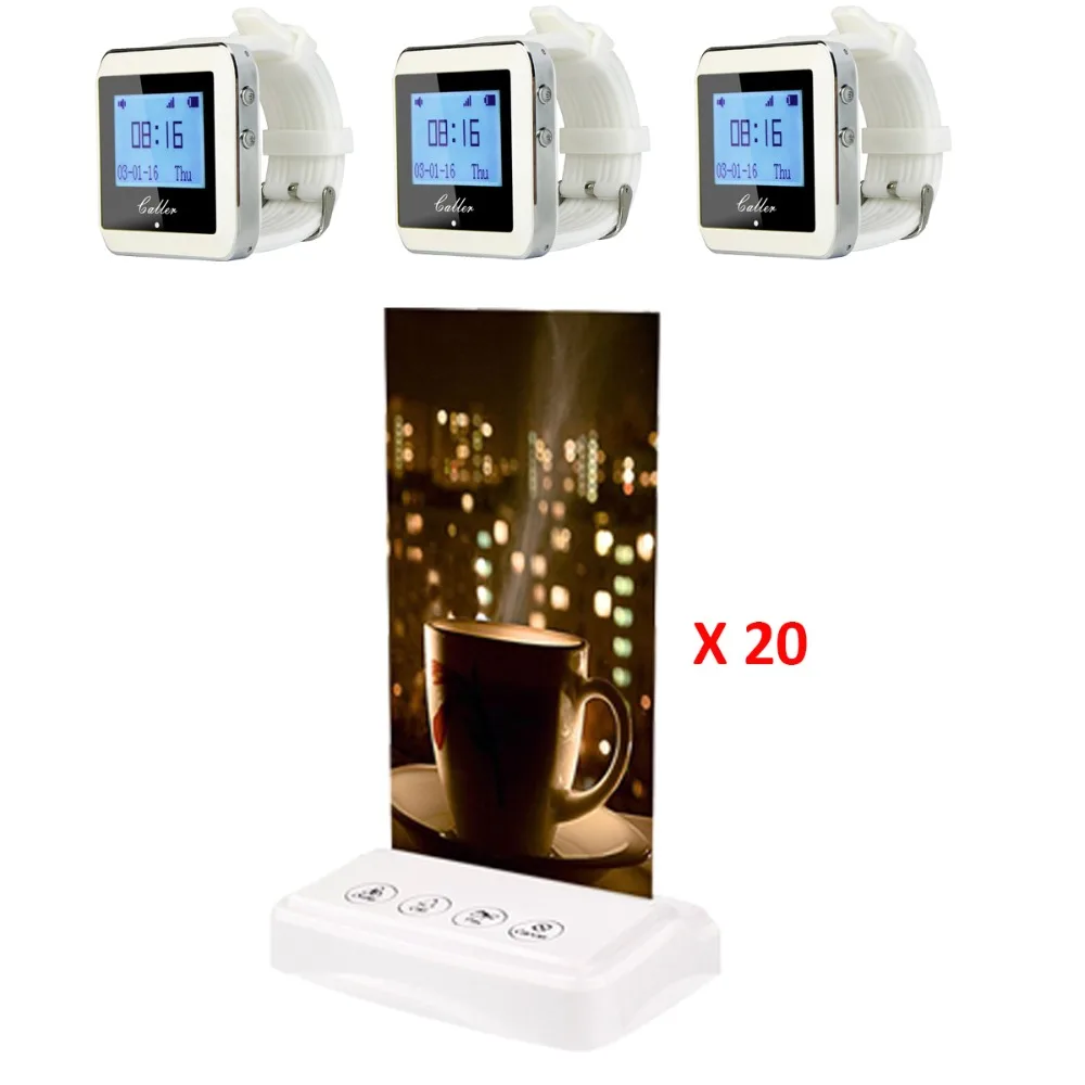 

3pcs 433MHz Watch Wrist Receiver +20pcs Table Call Transmitter Button Pager Wireless Restaurant Coffee Shop Calling System