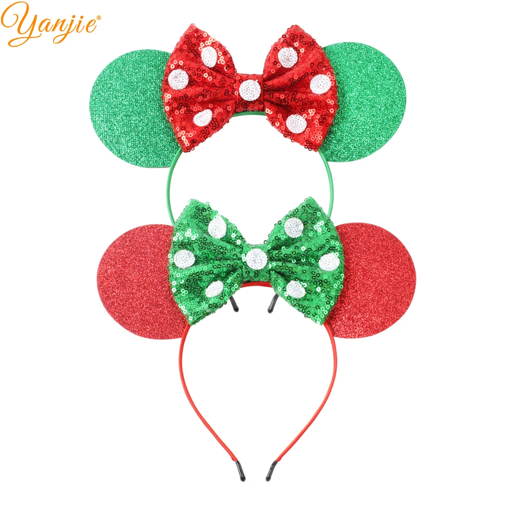 

2019 Christmas Minnie Mouse Ears Hairband Dot Sequins Hair Bows DIY Hair Accessories Headband For Girls Headwear Party Boutique