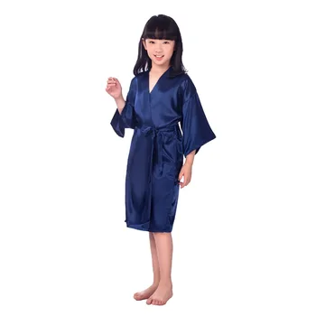 

Navy Blue Pyjamas Kids Summer Silk Japanese Kimono Solid Robe Baby Bathrobe Towel Nightgown Girl Pijamas Kids Size M-4XL