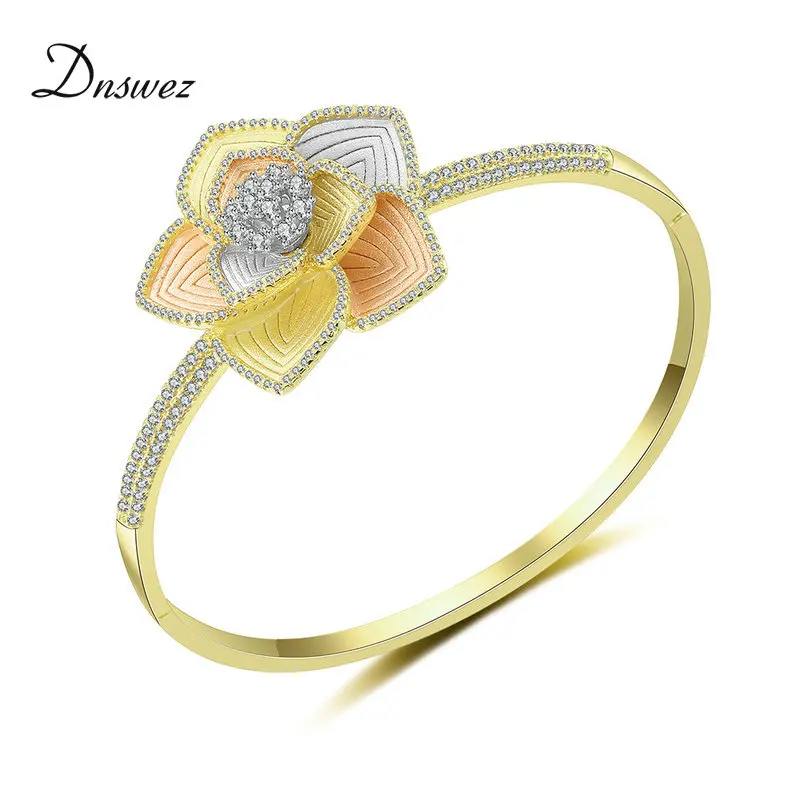 

Dnswez Luxury Flower Cubic Zirconia Bangles African Nigerian Wedding jewelry Bangles for Women Dubai Bridal Jewelry Gift B1133