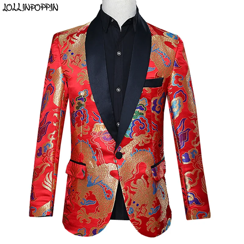 

Traditional Chinese Style Mens Wedding Suit Jacket Shawl Collar Colorful Dragon Printed Single Button Red Suit Jackets