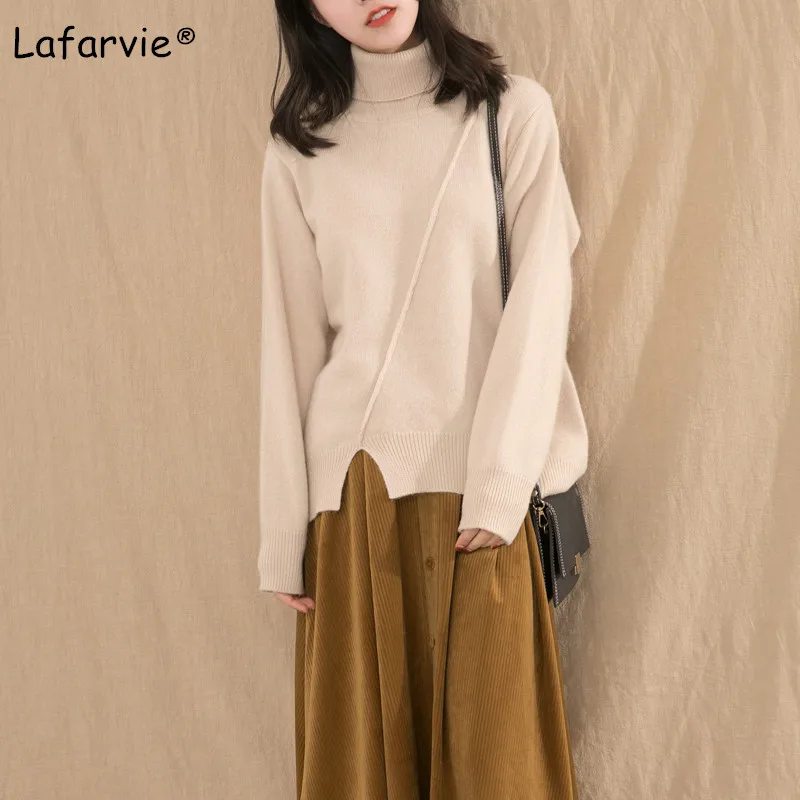 Lafarvie Turtleneck Thick Knitted Cashmere Sweater Women Split Pullover Female Autumn Winter Casual Warm Loose Knitting Jumper Lafarvie Turtleneck Thick Knitted Cashmere Sweater Women Split Pullover Female Autumn Winter Casual Warm Loose Knitting Jumper