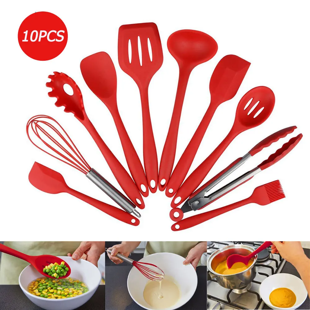 10 шт., набор силиконовой кухонной посуды Cocina Utensilios, суп-ковш, венчик, щипцы, антипригарный набор посуды, инструменты для приготовления пищи