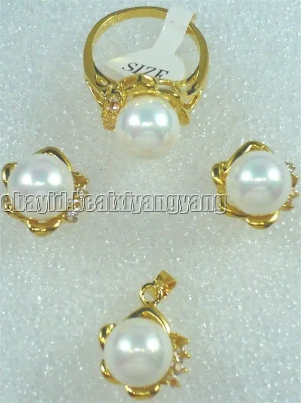 

Yellow Gold Plate White Shell Pearl CZ Pendant Earring Ring AAA style Fine Noble real Natural free shipping