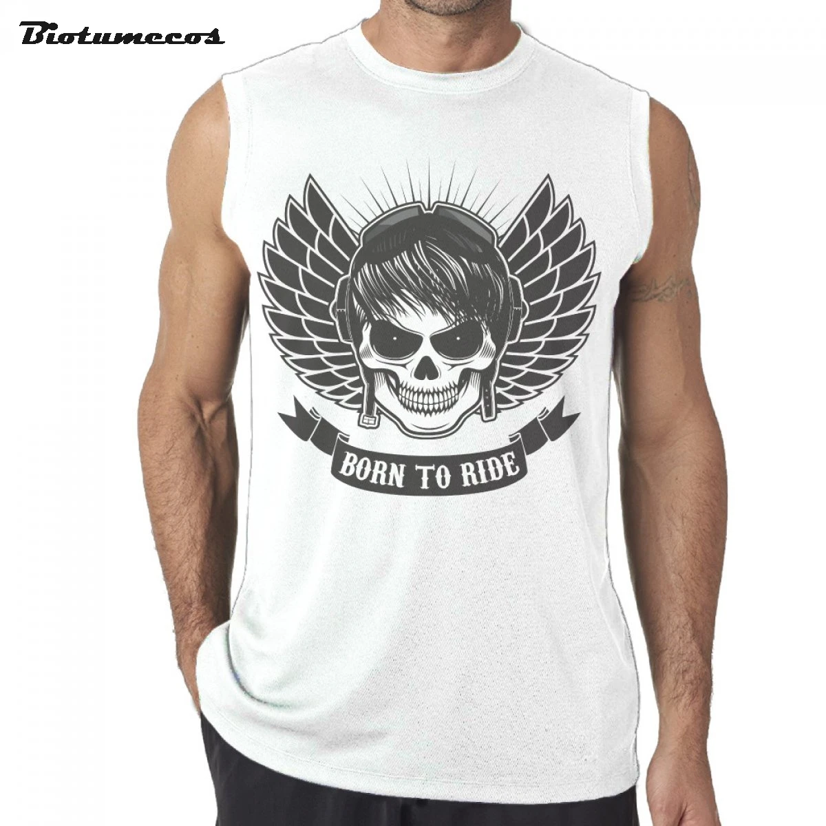 Hombres Sin Mangas Fresca 100% Algodón de la Marca Camisetas Interiores Sin Mangas Cráneo con el Auricular Alas Llevado Montar Gimnasio hombres Chaleco de Verano MWK103