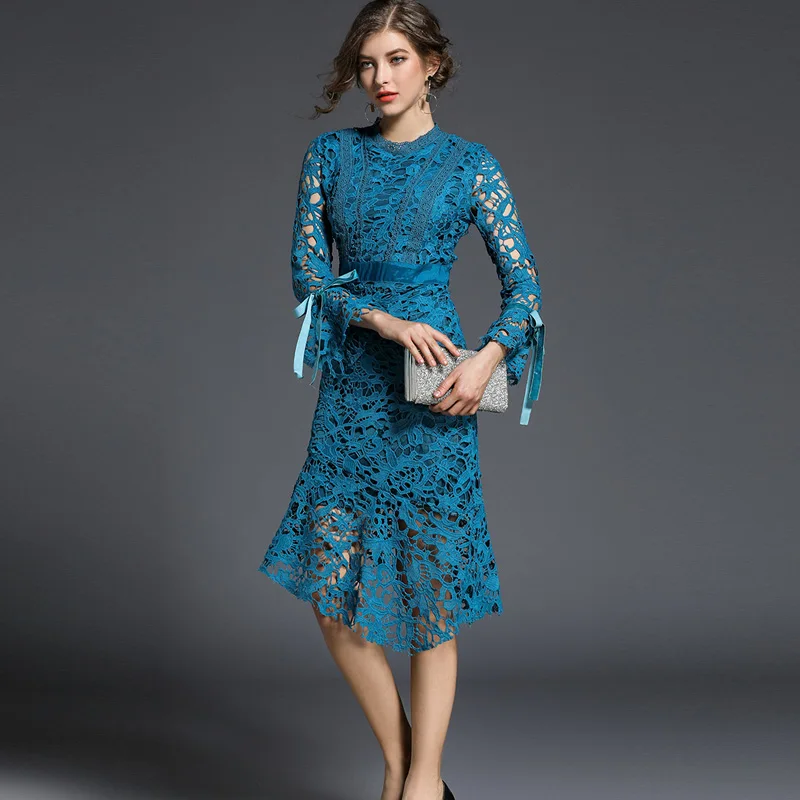 

2017 autumn new women Vintage lace Mermaid dress Full sleeve sexy Hollow Out long dress fashion Slim party dress