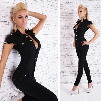 

2017 Fashion Women Denim Jumpsuit Sexy Deep V Neck Jean Jumpsuits Buttons Chain Black Overalls For Women Rompers Spring