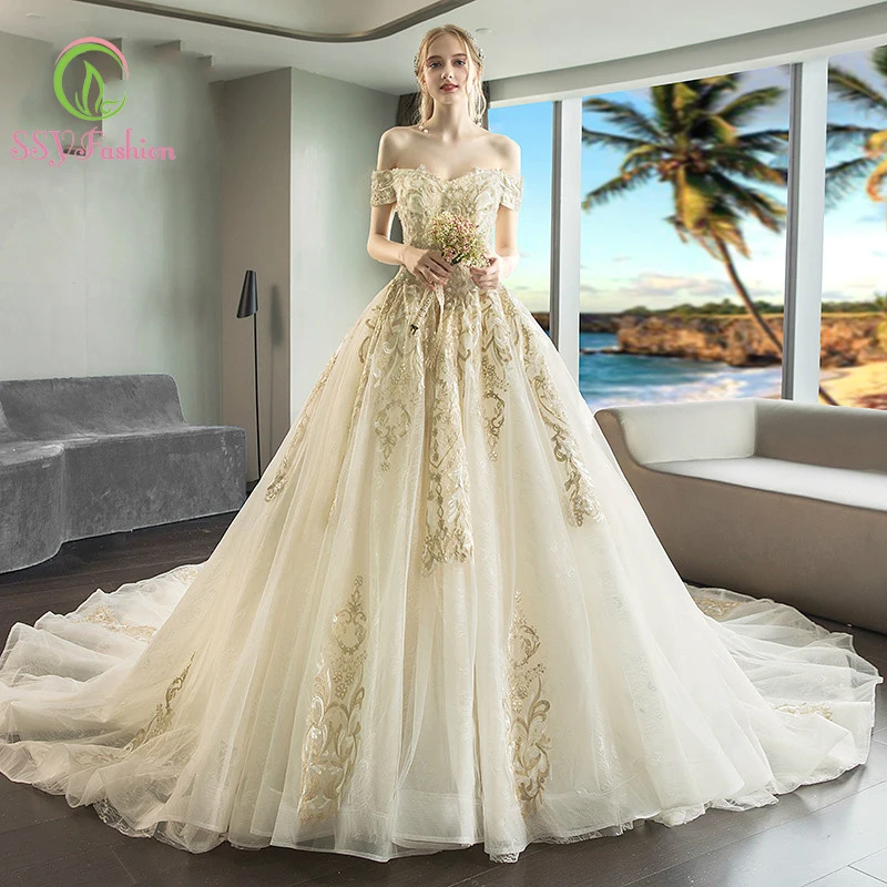 

SSYfashion Boat Neck Short Sleeves Ball Gown Sweep Train Lace Wedding Dress Custom Plus Size Bridal Dresses Vestido De Noiva