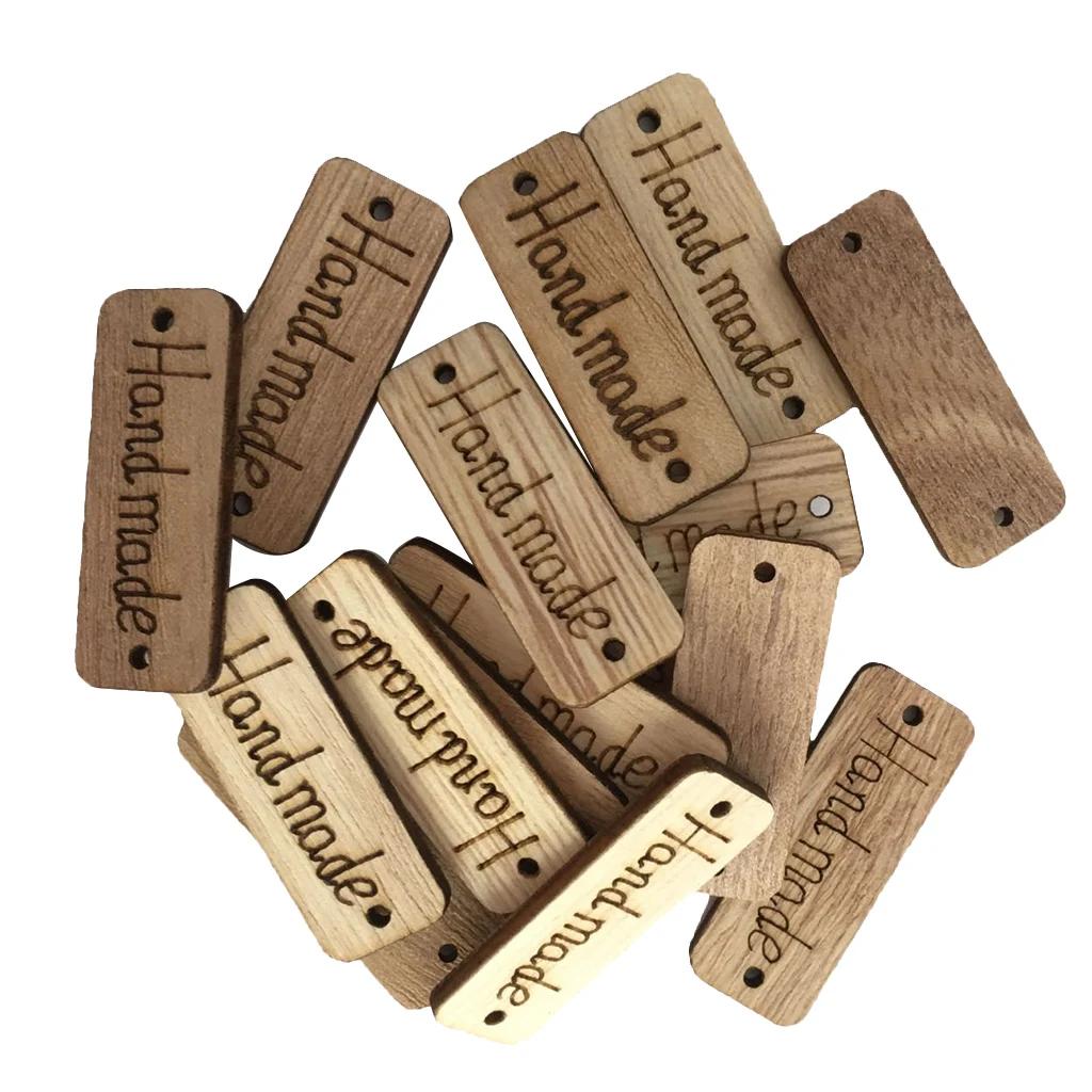 100Pcs Handmade Tag Label Wooden Buttons Wood Handmade Tags Button with 2 Holes for Crafts Sewing Clothing Decoration