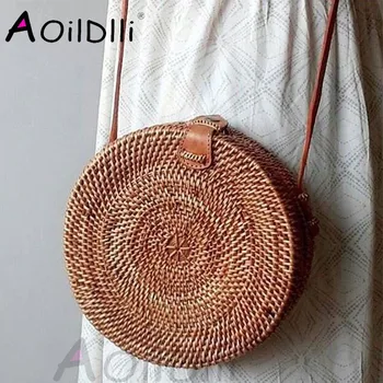 

Travel Beach Circle pu Leather Shoulder Bag Summer Straw Bag Sunflowe Knitted Rattan Bag Lady Handbag Crossbody Bag
