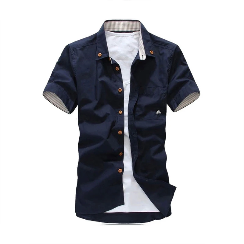 2019 جديد نمط الرجال قصيرة الأكمام قميص الشبان أزياء الصيف عارضة قمصان فطر صغير التطريز الصلبة قميص صغير حجم