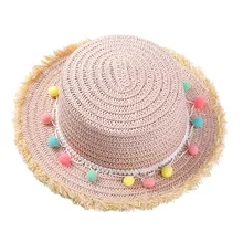 Новая летняя соломенная шляпа для девочек с широкими полями кисточки-Помпоны флоппи Панама для пляжа FMS19
