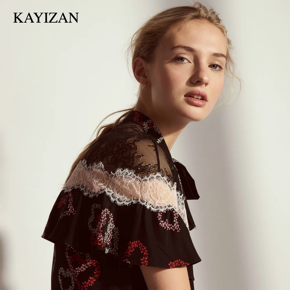 KAYIZAN 2018 Summer Luxurious Black Lace Panel Ruffled Sleeves Blouse Floral Silk Satin Burnout Trim Sweetheart Shirt Top |