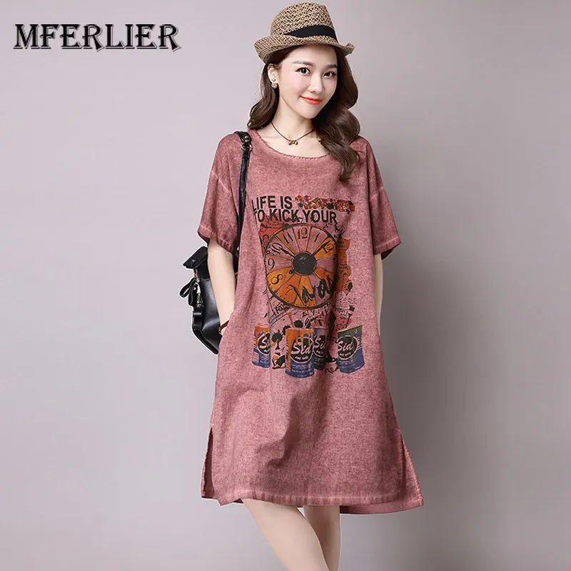 

Mferlier Women Summer Cotton Linen T Shirt Dress O Neck Short Sleeve Floral Print Loose Casual Artsy Womens Dresses