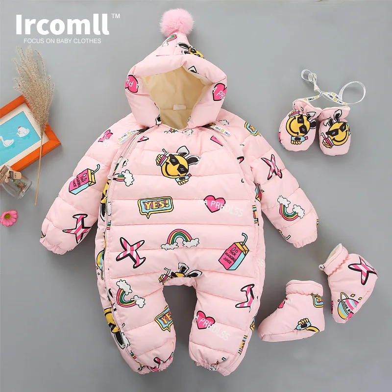Pink lightning Ircomll/плотные комбинезоны с капюшоном для холодной зимы с рисунком граффити и перчатками; флисовая подкладка; Детский комбинезон; Детские Пуховые хлопковые комбинезоны - Цвет: Pink lightning