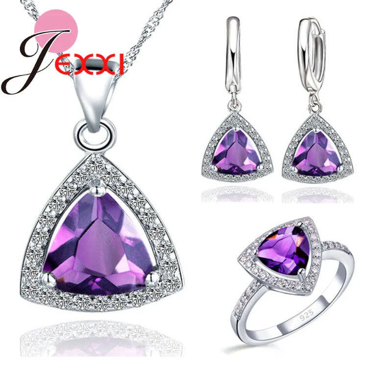 

Triangle Cubic Zirconia Real 925 Sterling SilverJewelry Sets Leverback Earrings Pendant Necklaces Finger Rings US 6-9
