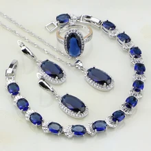 Ювелирные изделия из стерлингового серебра 925 пробы, белые циркониевые серьги с синим кристаллом/кулон/ожерелье/браслет/кольцо, вечерние Ювелирные наборы для дам