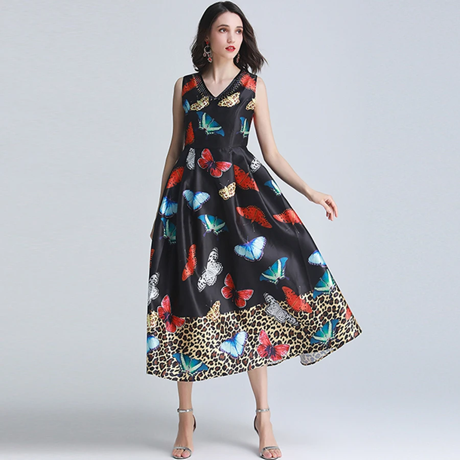 

VERDEJULIAY Black Butterfly Dresses Summer Runway 2019 Sleeveless Luopard Printed V-Neck Party Midi Beaded Dress