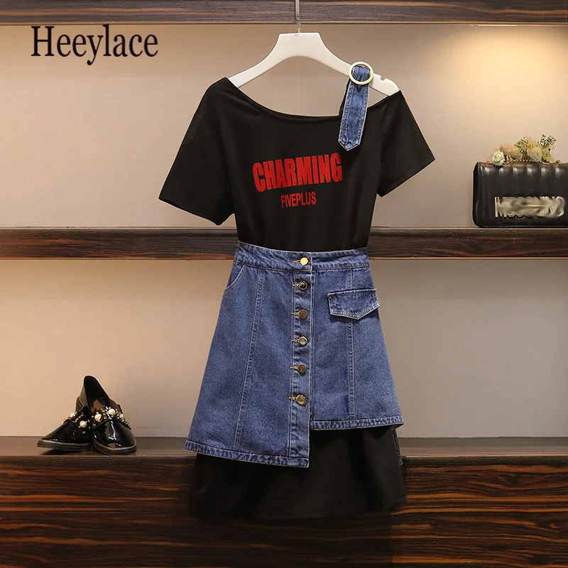 

Plus size Summer Women Strapless Shoulder Letter Long T shirt + High Waist Denim Skirt set Two Piece Student Girls Skirt Set