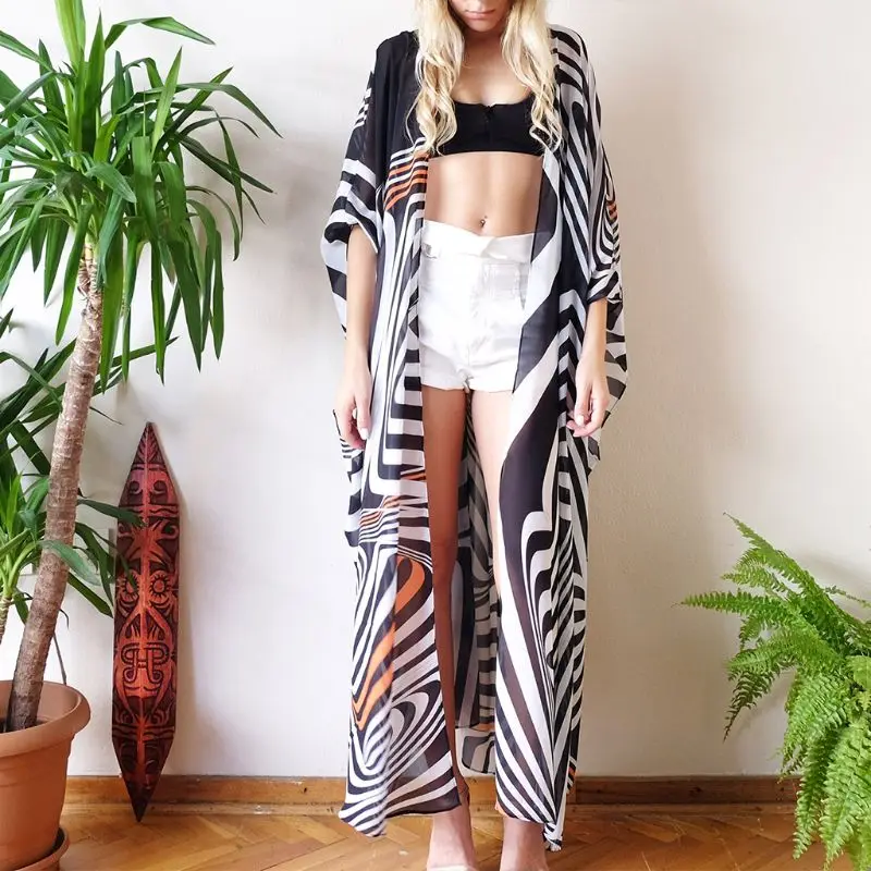 

Women Summer 3/4 Sleeves Open Front Swimsuit Cover Up Boho Color Block Zebra Stripes Printed Long Kimono Belted Ankle