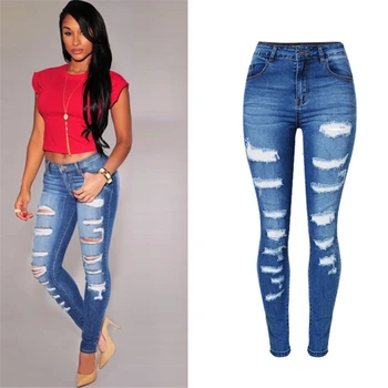 

2018 Summer Plus Size Skinny Jeans Women Denim Pants Holes Destroyed Knee Pencil Pants Casual Trousers blue Stretch Ripped Jeans