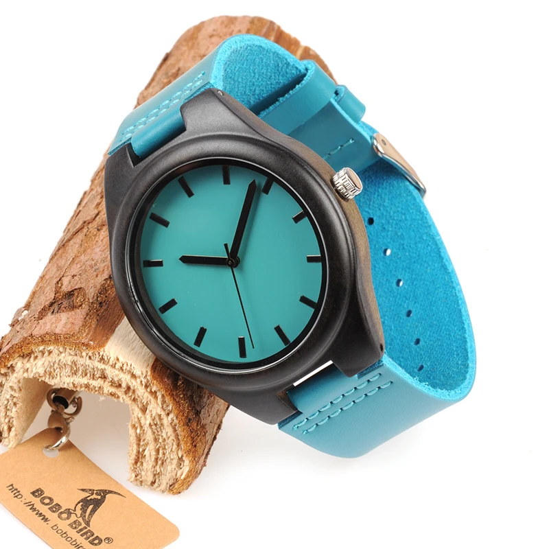 BOBO BIRD WF20 Bamboo Wooden Watches Hot Blue Leather Band Ebony Pine Wood Case Quartz Watch for Men Women