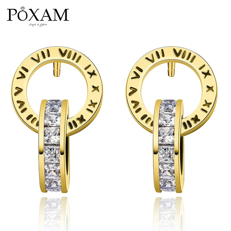 POXAM, модные роскошные римские цифры, круглые, пересекающиеся кристаллы, маленькие серьги-гвоздики для женщин, мужчин, панков, мальчиков и девочек, серьги, ювелирные изделия - Окраска металла: Gold