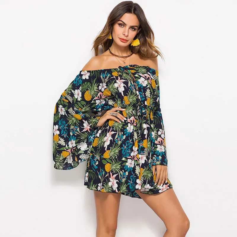 

Printed Off-Shoulder Mini Summer Dresses Women Flare Sleeves Multicolor High Waist Sexy Dress Beach Dress Casual Vintage New