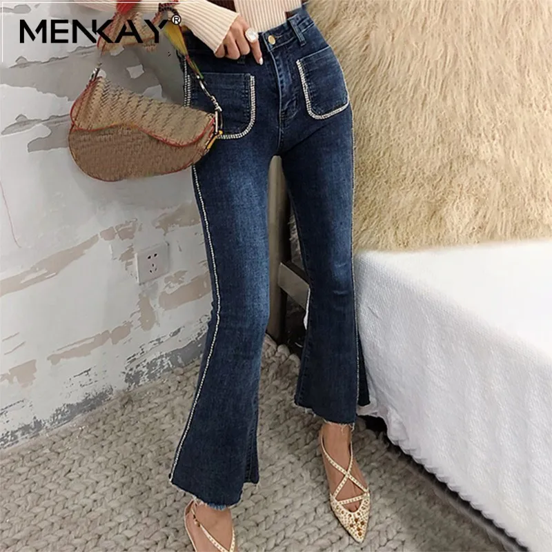 

[MENKAY] Beadings Patchwork Jeans Women Fronts Pockets High Waist Denim Flare Pants Female Korean 2019 Autumn Fashion New