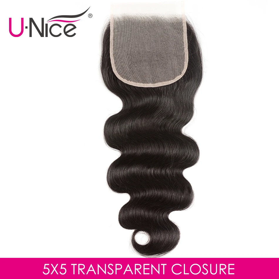 

Unice Hair Swiss Transparent Lace Closure Brazilian Body Wave 5x5 Hair Lace Closure Natural Black Remy Human Hair 10-18 Inch