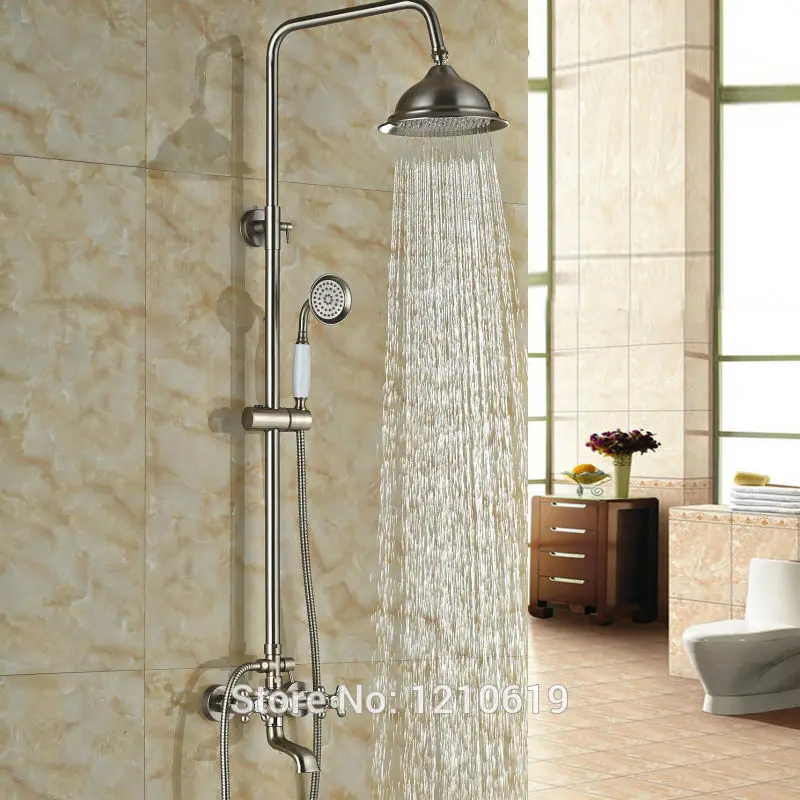 

Newly Nickel Brushed Bathroom 8" Shower Set Faucet w/ Ceramic Hand Shower Wall Mount Shower Mixer Tap One Handle