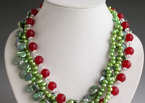 

huij 004618 4row green rice coin pearl red jade faceted crystal NECKLACE