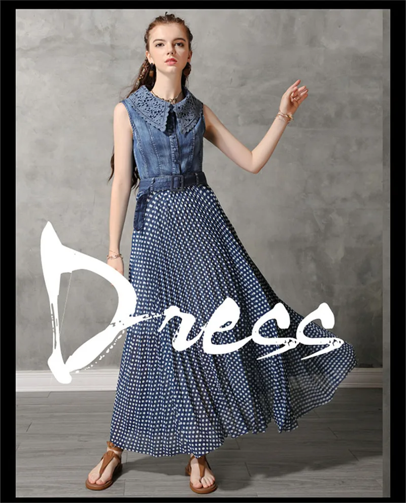 Summer Dot Woman Dress 2019 Vintage Women's Denim Dresses Sleeveless Lace Turn-down Collar Belted Chiffon Patchwork Vestido (1)