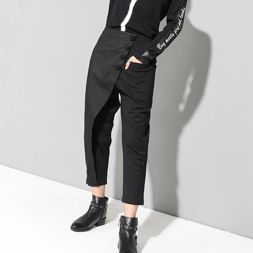[EAM] новые весенние черные свободные штаны с высокой талией, на плоской подошве, с эластичной резинкой на талии, женские модные свободные штаны до щиколотки OA870