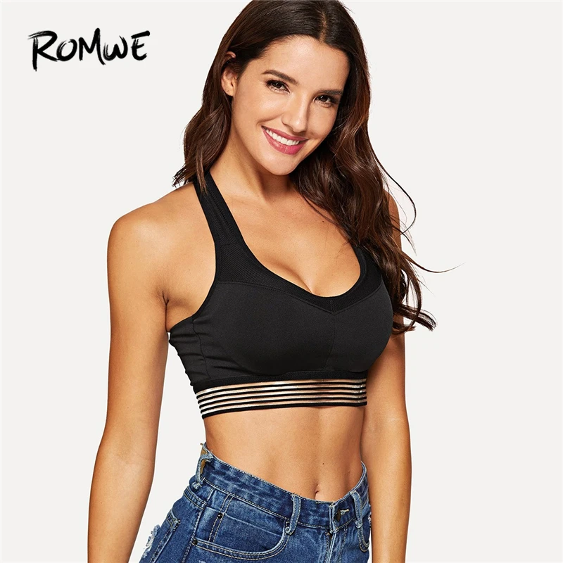 

Romwe Sport Black Striped Criss Cross Sports Bra Scoop Neck Padded Bra Sportswear Women Summer Gym Yoga Running Active Wear