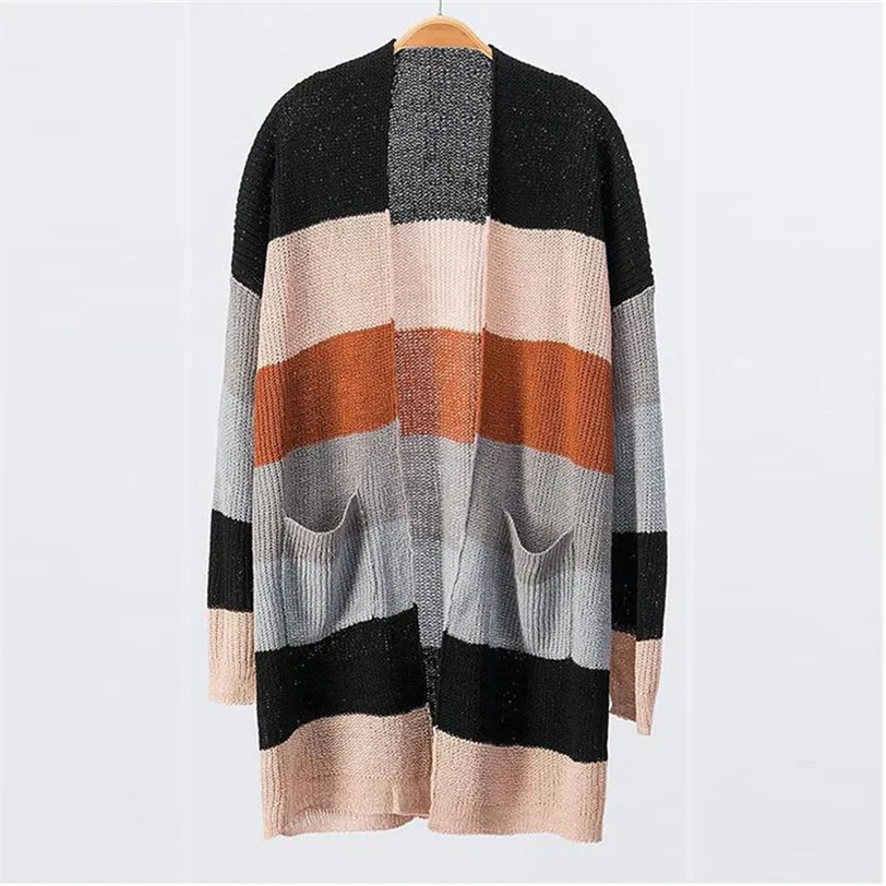 Loose Long Sleeve Sweater Women Sexy Striped Cardigan Open Front Long Cardigans Sweaters With Pocket Sueter Mujer #F#40NV01 (10)