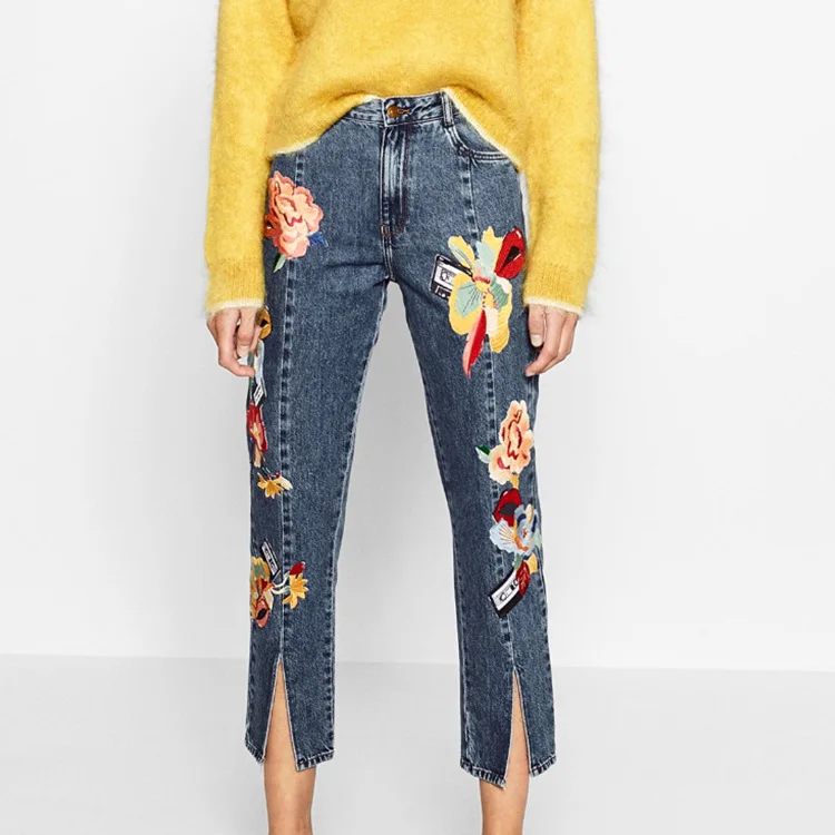 

spanish style women jeans front split flower patch embroidered denim jeans high waist ankle-length pants trousers
